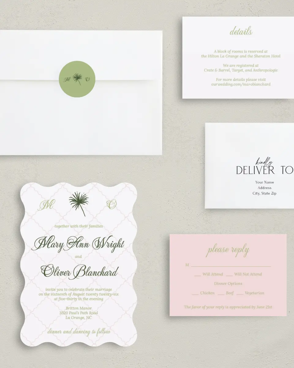 This is a 5" x 7" Wavy Wedding Invitation called Palm Paradise printed in full color with Gold foil on Luxe Satin (coated) paper