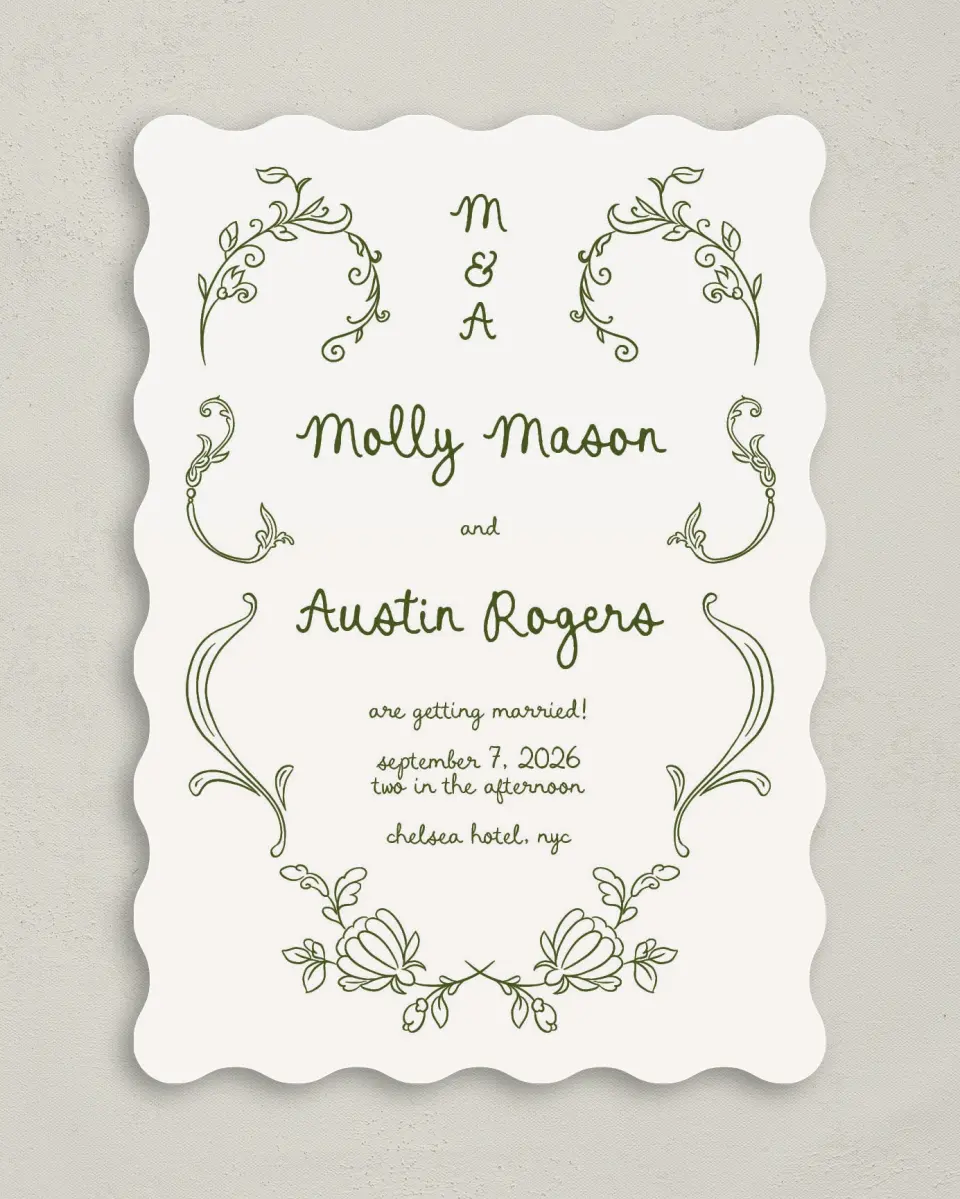 This is a 5" x 7" Wavy Wedding Invitation called Evergreen Elegance printed in full color on Premium Smooth paper
