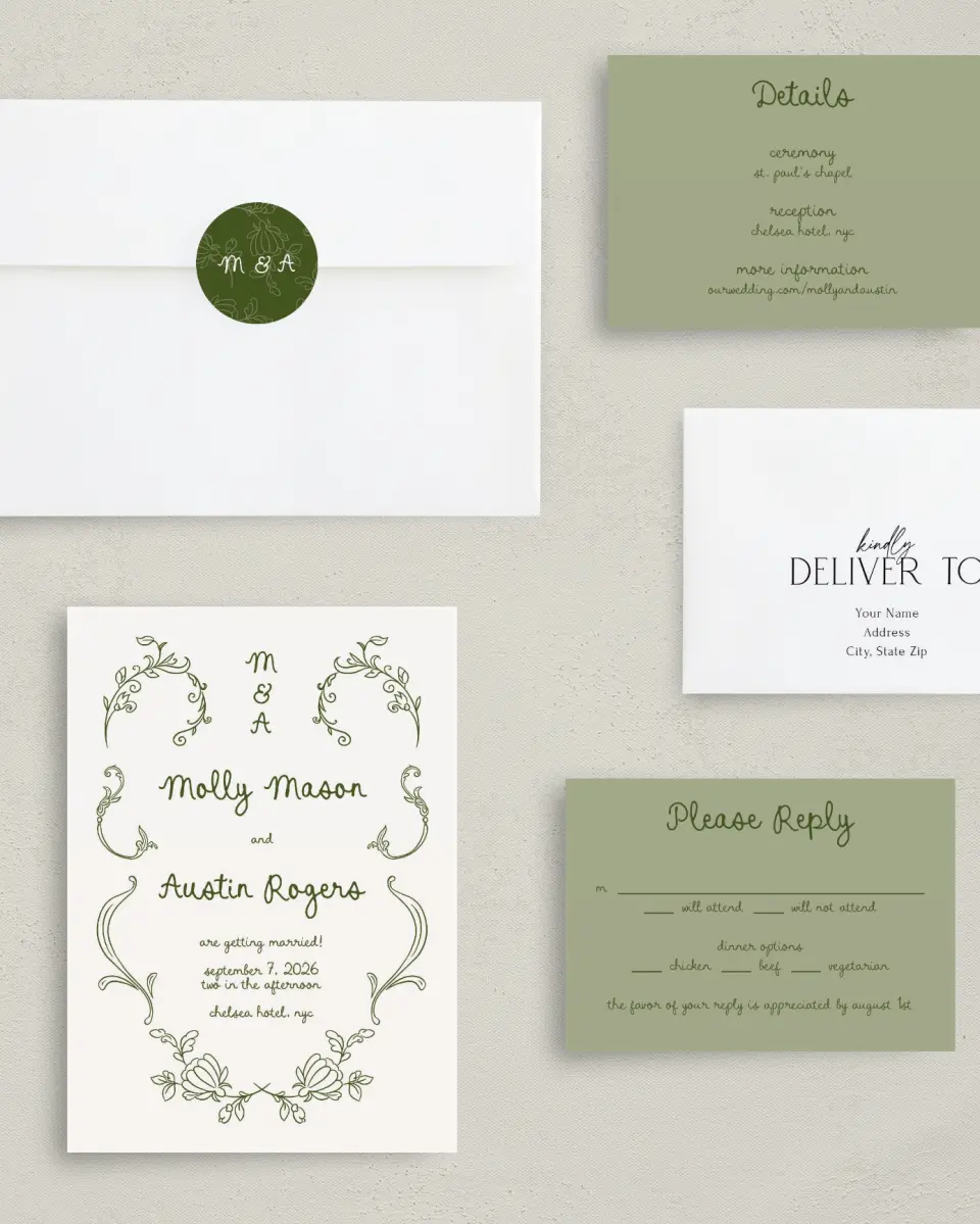 This is a 5" x 7" Classic Wedding Invitation called Evergreen Elegance printed in full color with Rose Gold foil on Luxe Satin (coated) paper