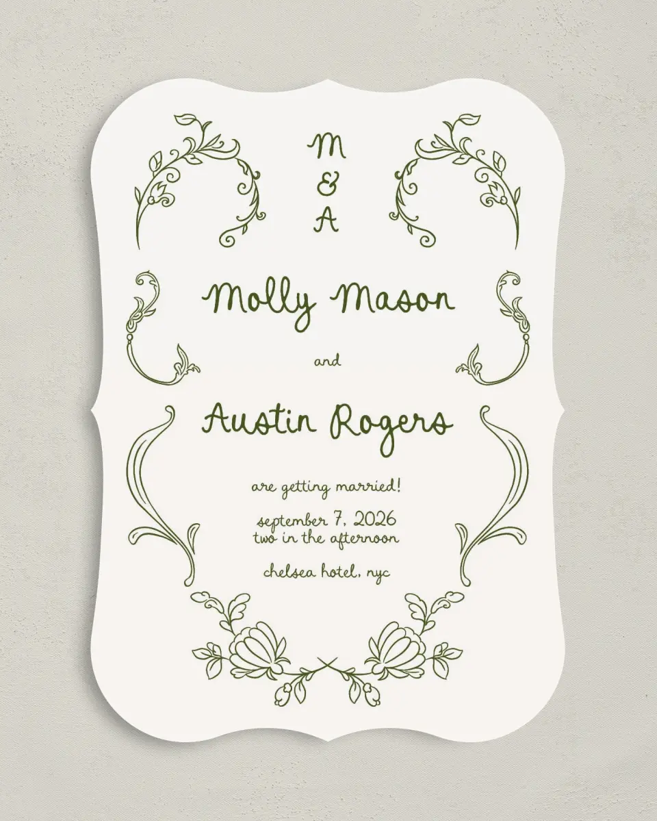 This is a 5" x 7" Bracket Wedding Invitation called Evergreen Elegance printed in full color on Premium Smooth paper