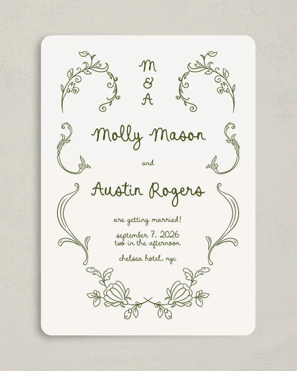This is a 5" x 7" Rounded Wedding Invitation called Evergreen Elegance printed in full color on Premium Smooth paper