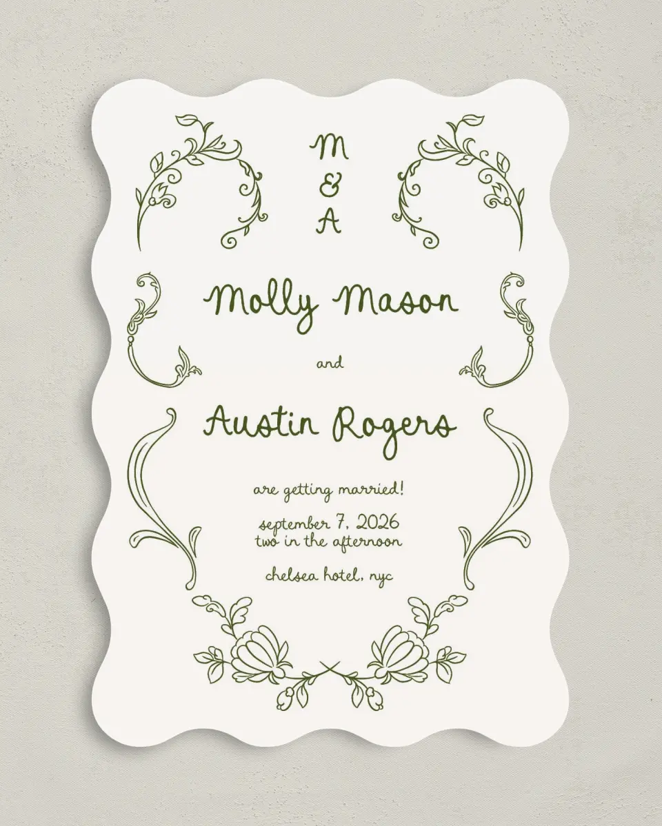 This is a 5" x 7" Wavy Wedding Invitation called Evergreen Elegance printed in full color with Silver foil on Luxe Satin (coated) paper