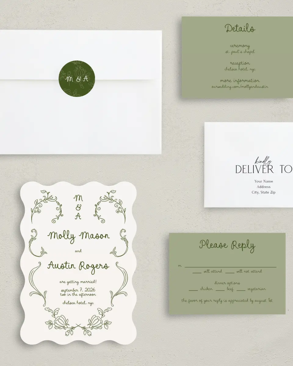 This is a 5" x 7" Wavy Wedding Invitation called Evergreen Elegance printed in full color with Silver foil on Luxe Satin (coated) paper