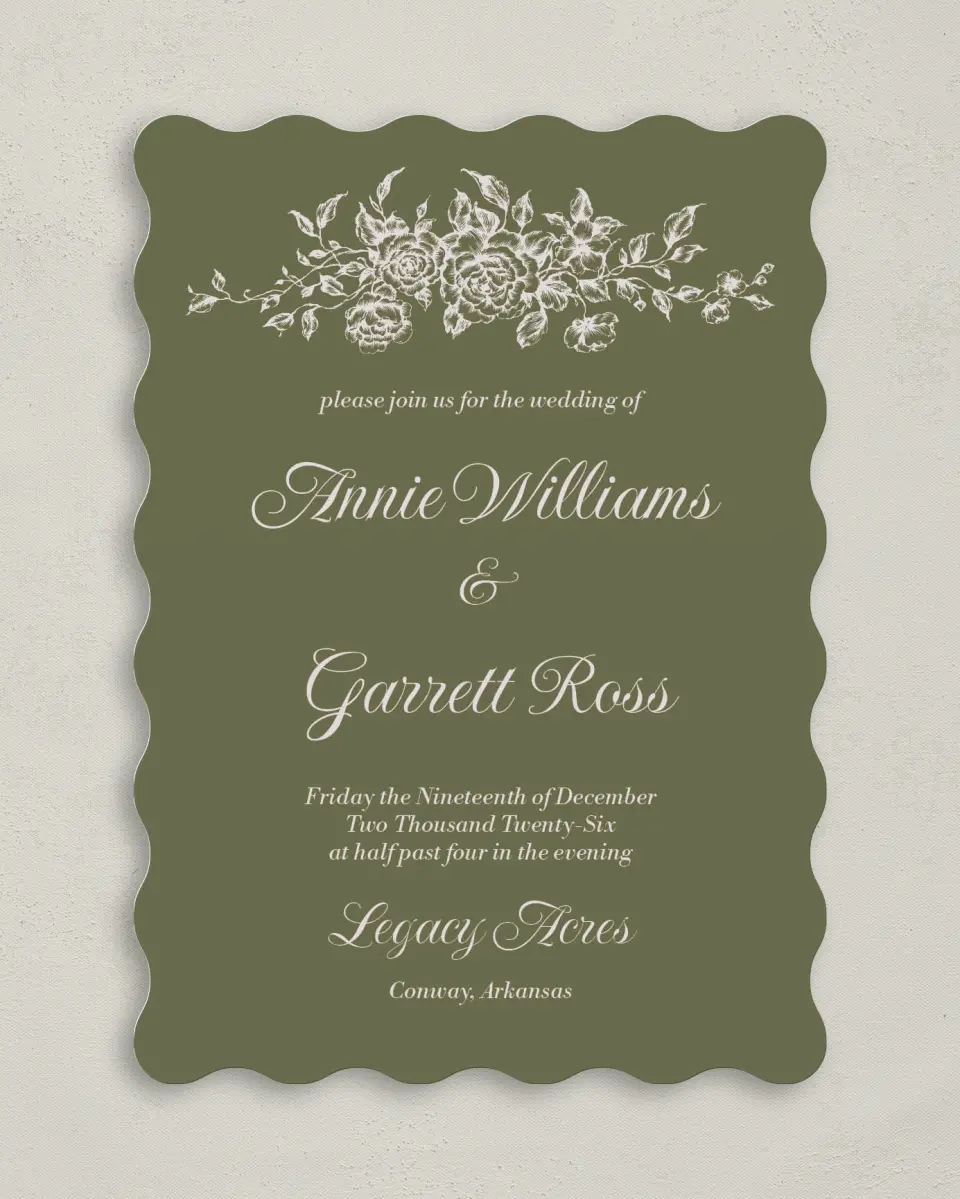This is a 5" x 7" Wavy Wedding Invitation called Meadow of Merriment printed in full color on Premium Smooth paper