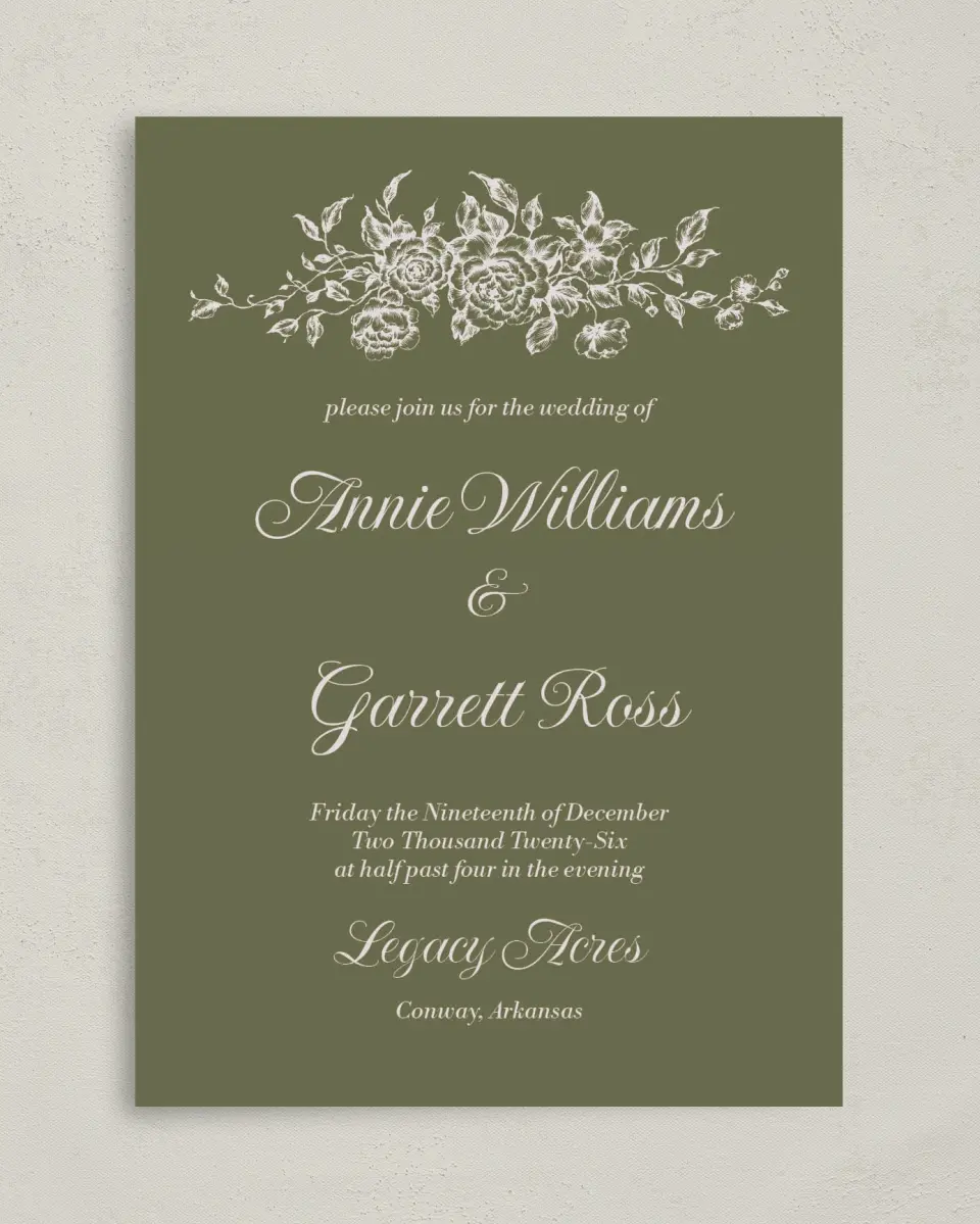 This is a 5" x 7" Classic Wedding Invitation called Meadow of Merriment printed in full color on Premium Smooth paper
