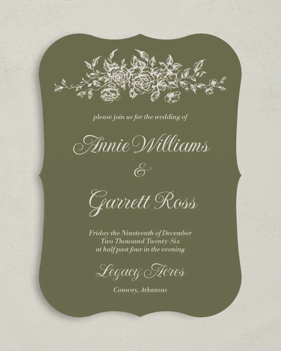 This is a 5" x 7" Bracket Wedding Invitation called Meadow of Merriment printed in full color with Silver foil on Luxe Satin (coated) paper