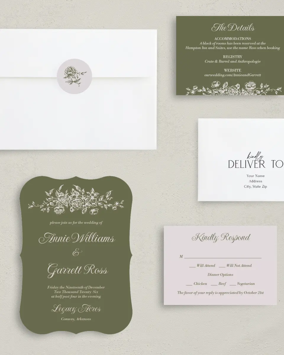 This is a 5" x 7" Bracket Wedding Invitation called Meadow of Merriment printed in full color with Silver foil on Luxe Satin (coated) paper