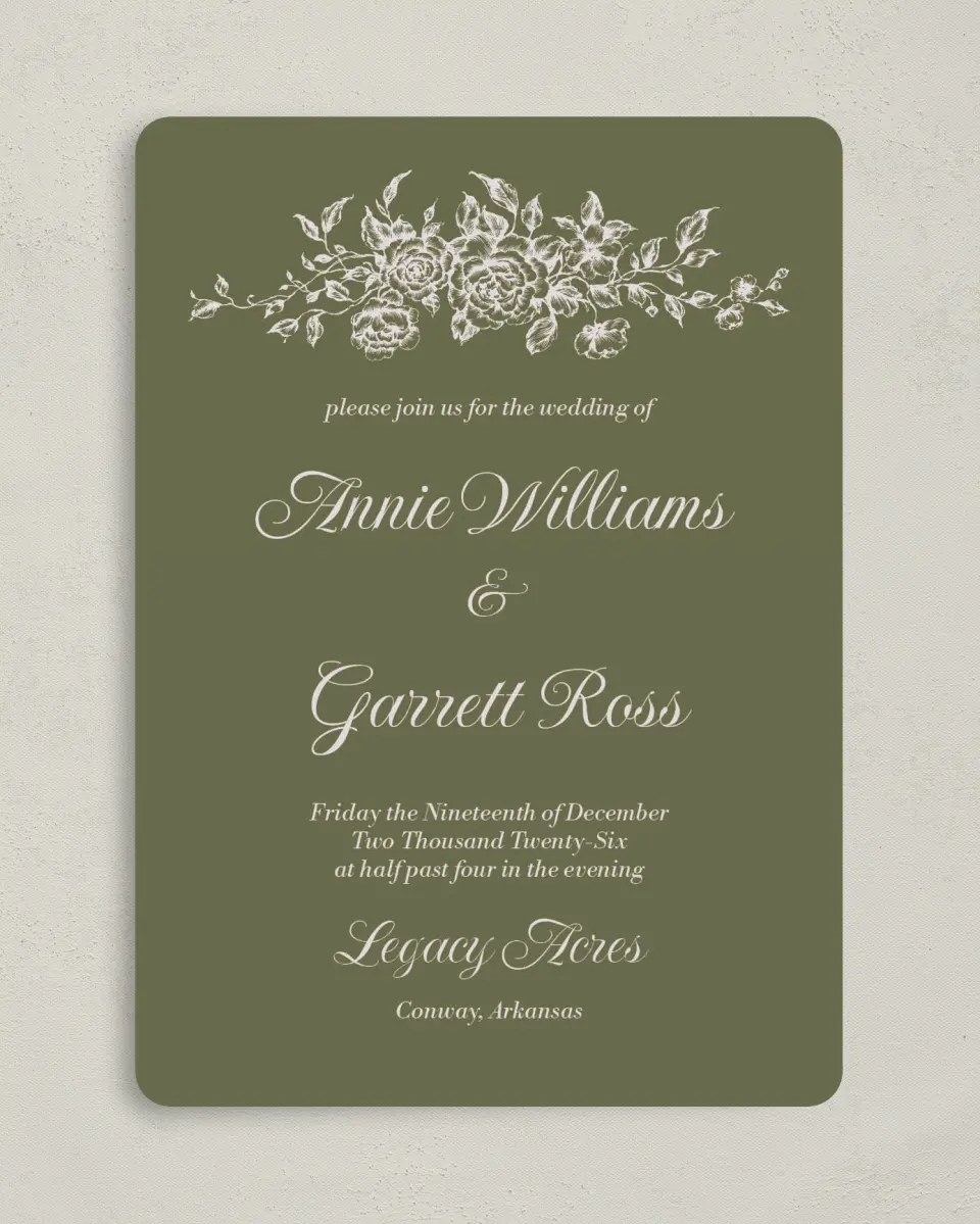 This is a 5" x 7" Rounded Wedding Invitation called Meadow of Merriment printed in full color on Premium Smooth paper