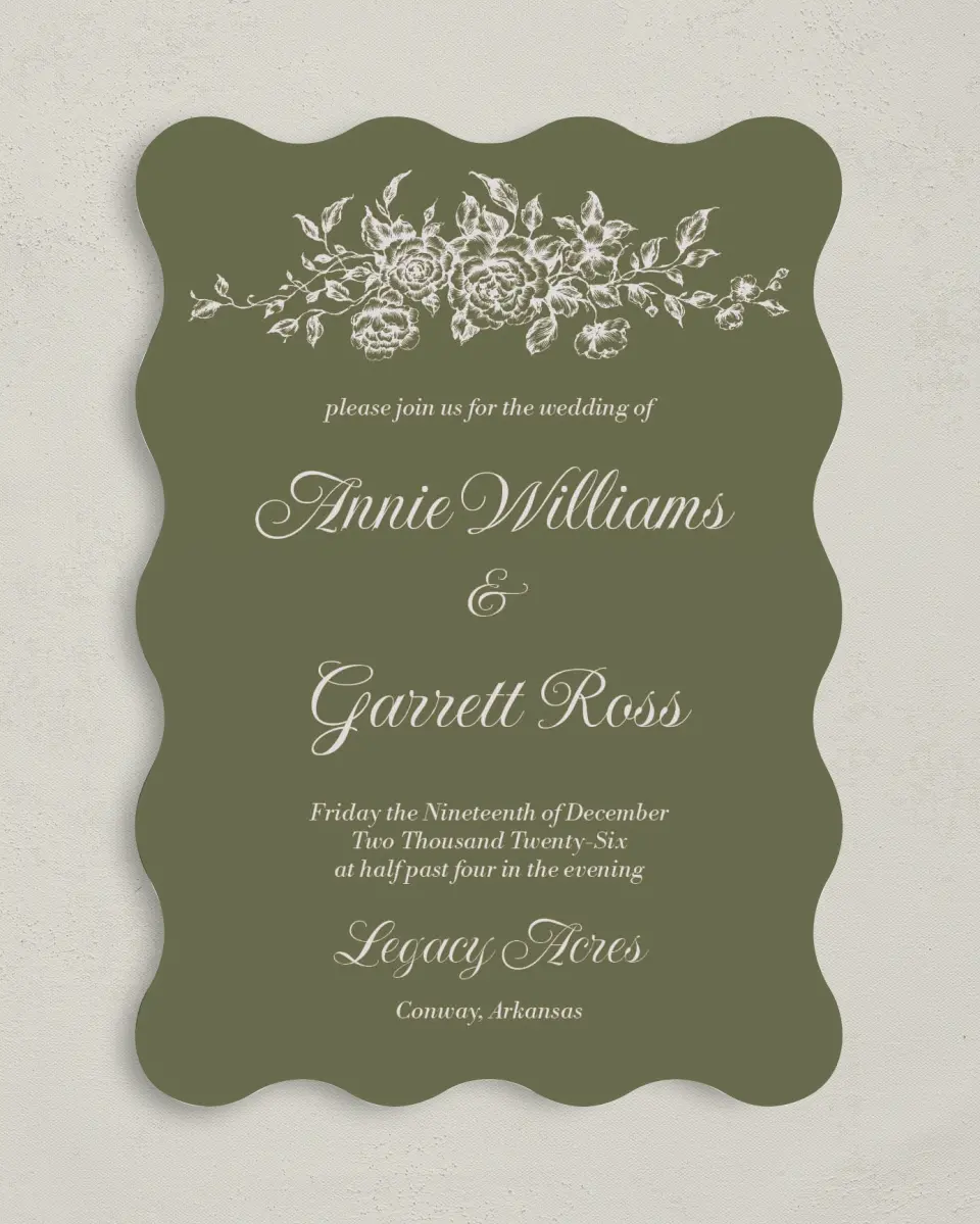 This is a 5" x 7" Wavy Wedding Invitation called Meadow of Merriment printed in full color on Premium Smooth paper