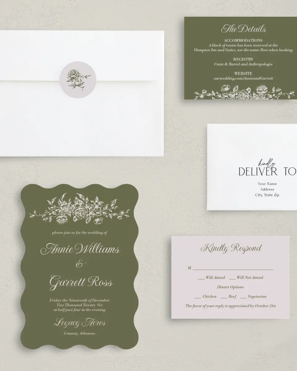 This is a 5" x 7" Wavy Wedding Invitation called Meadow of Merriment printed in full color with Silver foil on Luxe Satin (coated) paper