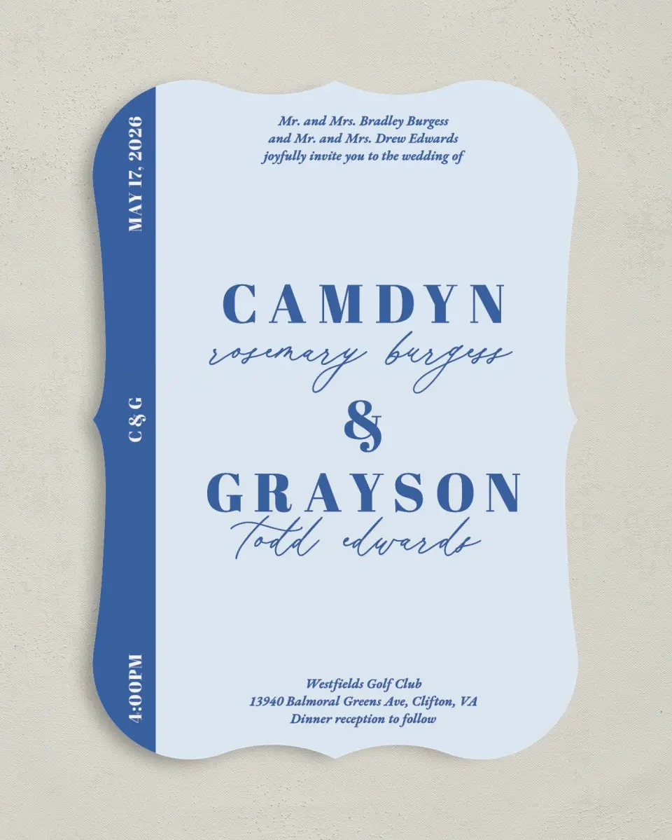 This is a 5" x 7" Bracket Wedding Invitation called Forever and Ever printed in full color with Silver foil on Luxe Satin (coated) paper