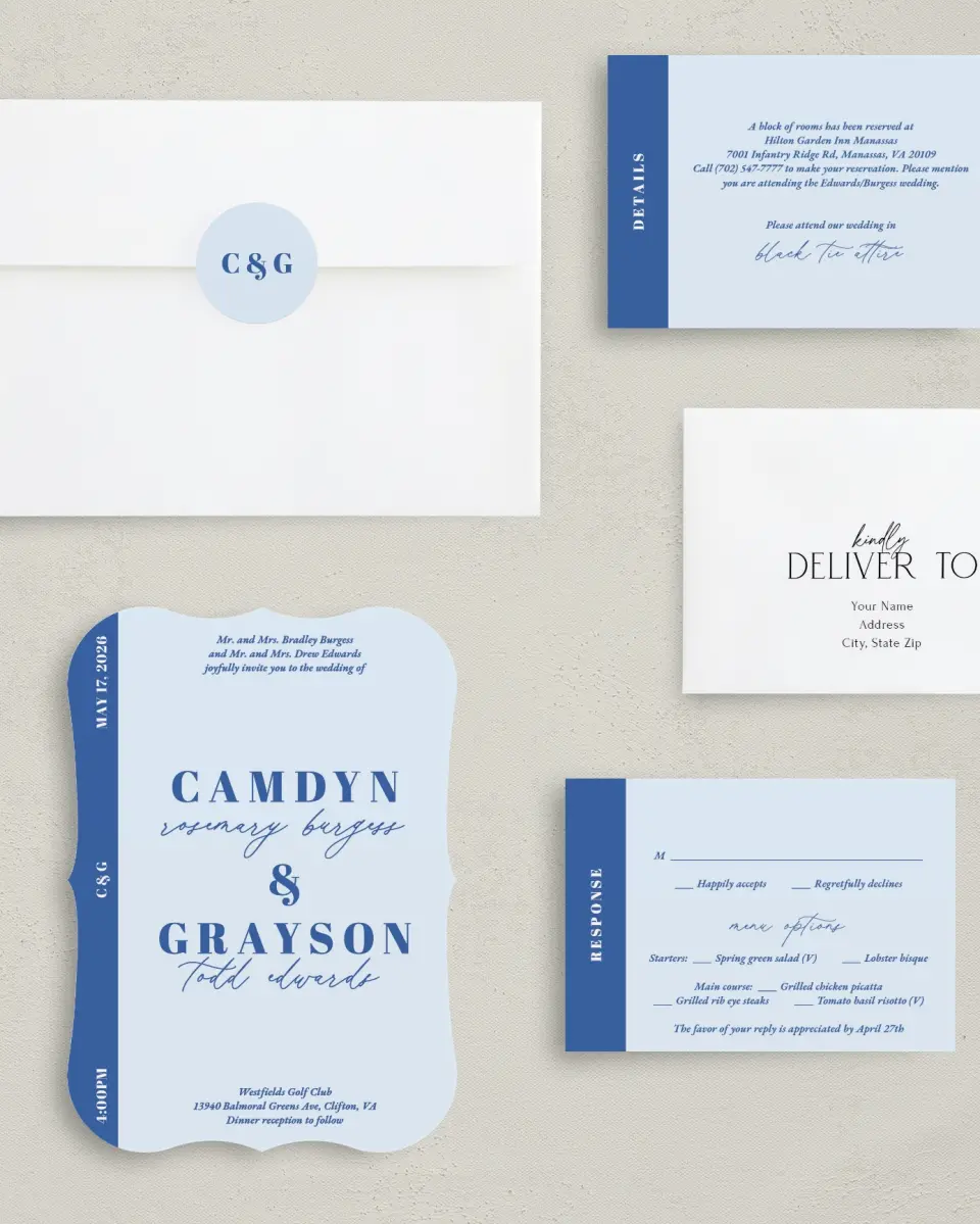 This is a 5" x 7" Bracket Wedding Invitation called Forever and Ever printed in full color with Silver foil on Luxe Satin (coated) paper