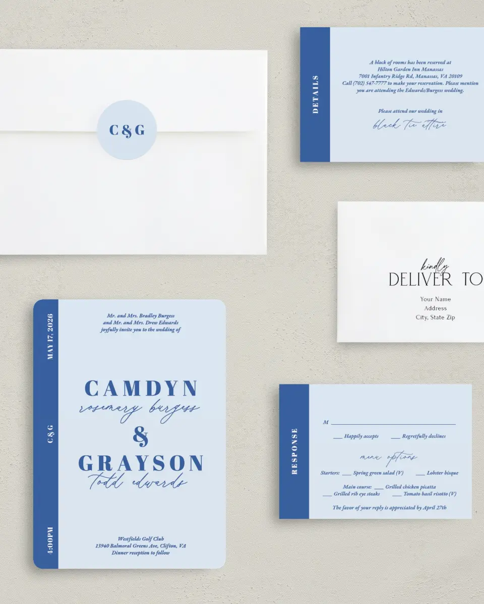 This is a 5" x 7" Rounded Wedding Invitation called Forever and Ever printed in full color with Silver foil on Luxe Satin (coated) paper