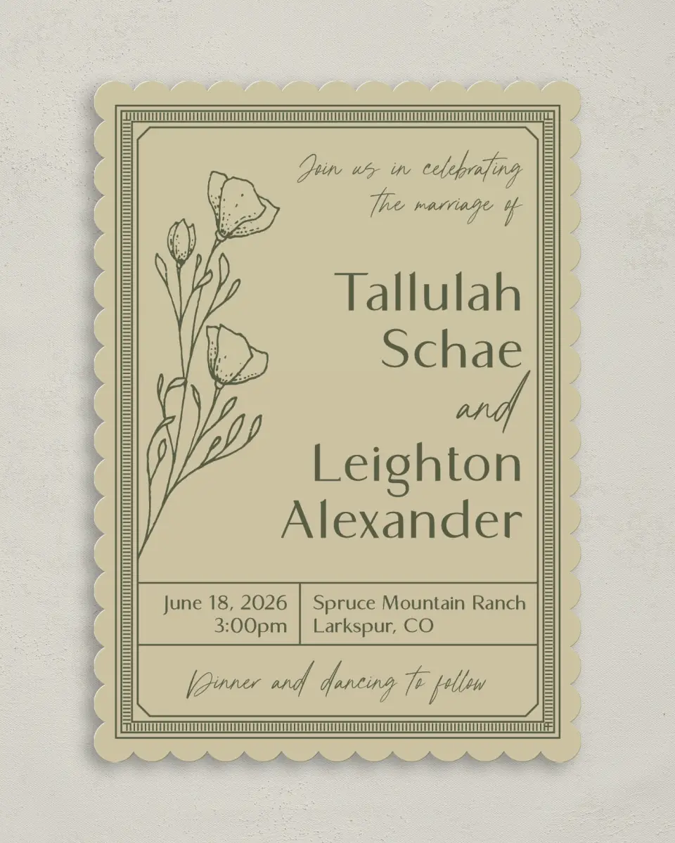 This is a 5" x 7" Classic Wedding Invitation called Idyllic Love printed in full color on Premium Smooth paper