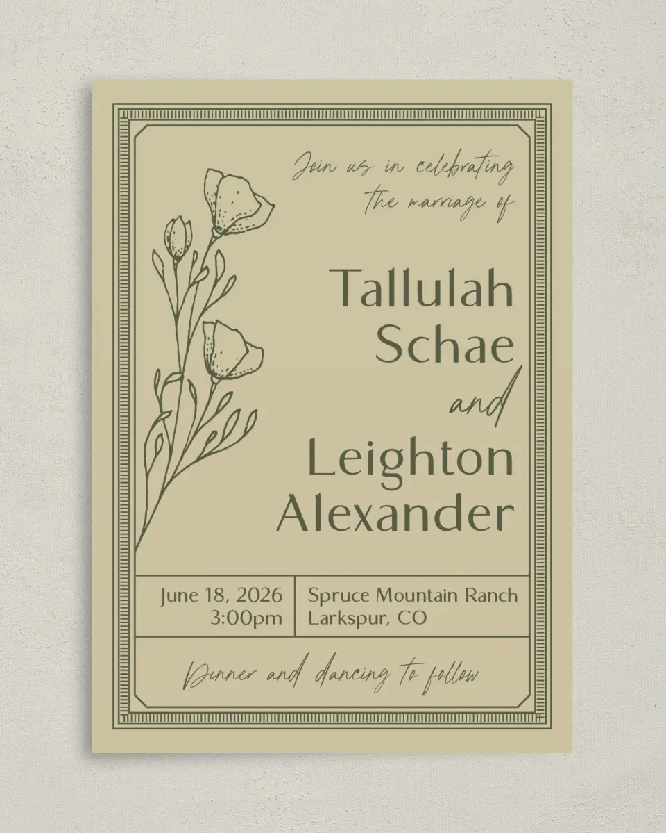 This is a 5" x 7" Classic Wedding Invitation called Idyllic Love printed in full color with Silver foil on Luxe Satin (coated) paper