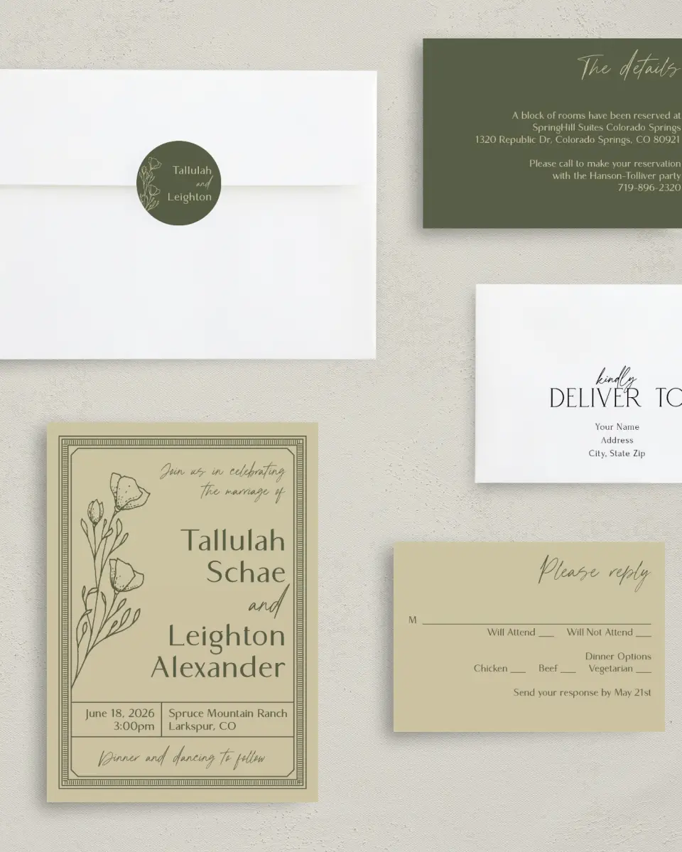 This is a 5" x 7" Classic Wedding Invitation called Idyllic Love printed in full color with Silver foil on Luxe Satin (coated) paper