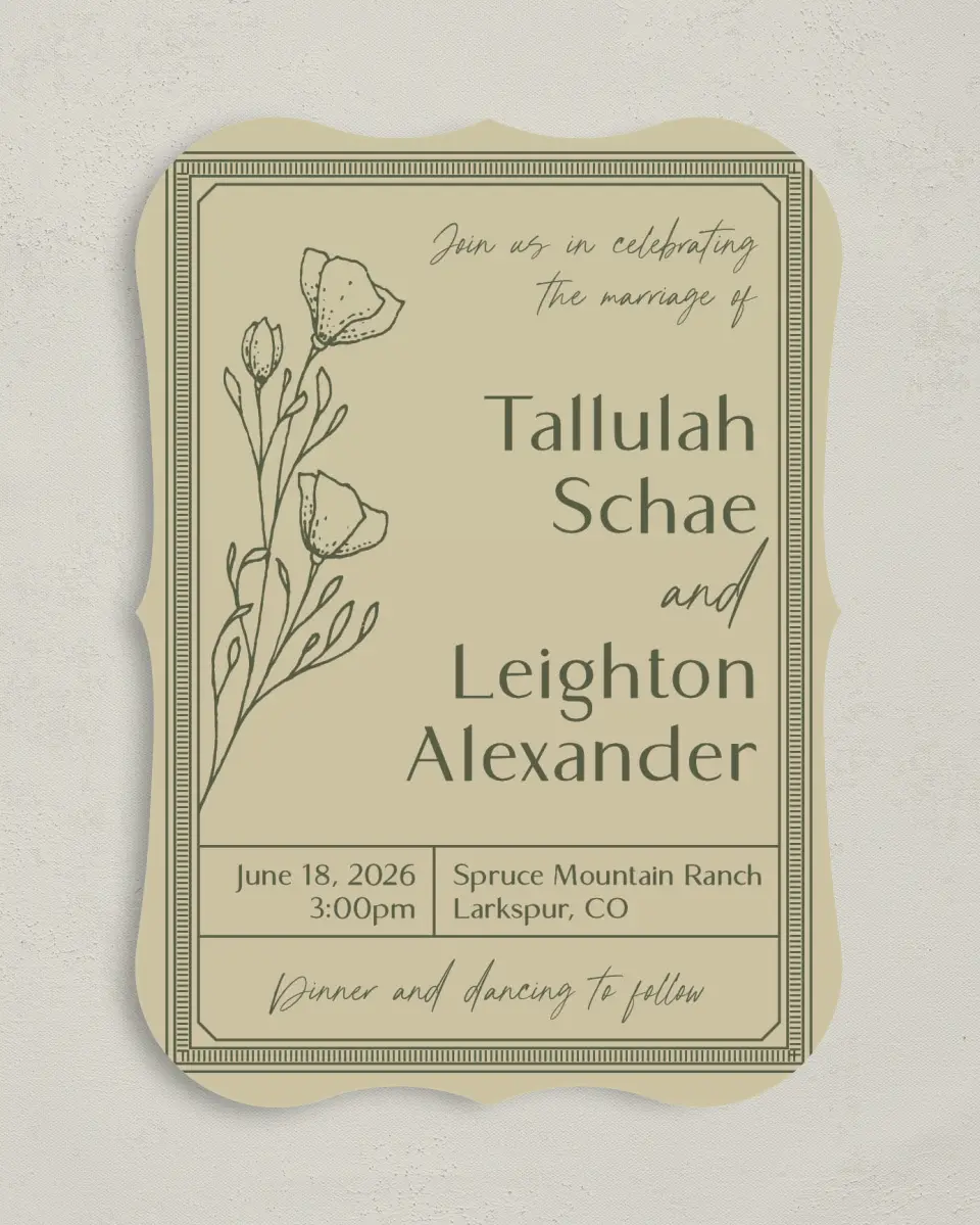 This is a 5" x 7" Bracket Wedding Invitation called Idyllic Love printed in full color on Premium Smooth paper