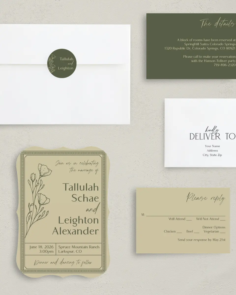 This is a 5" x 7" Bracket Wedding Invitation called Idyllic Love printed in full color with Silver foil on Luxe Satin (coated) paper