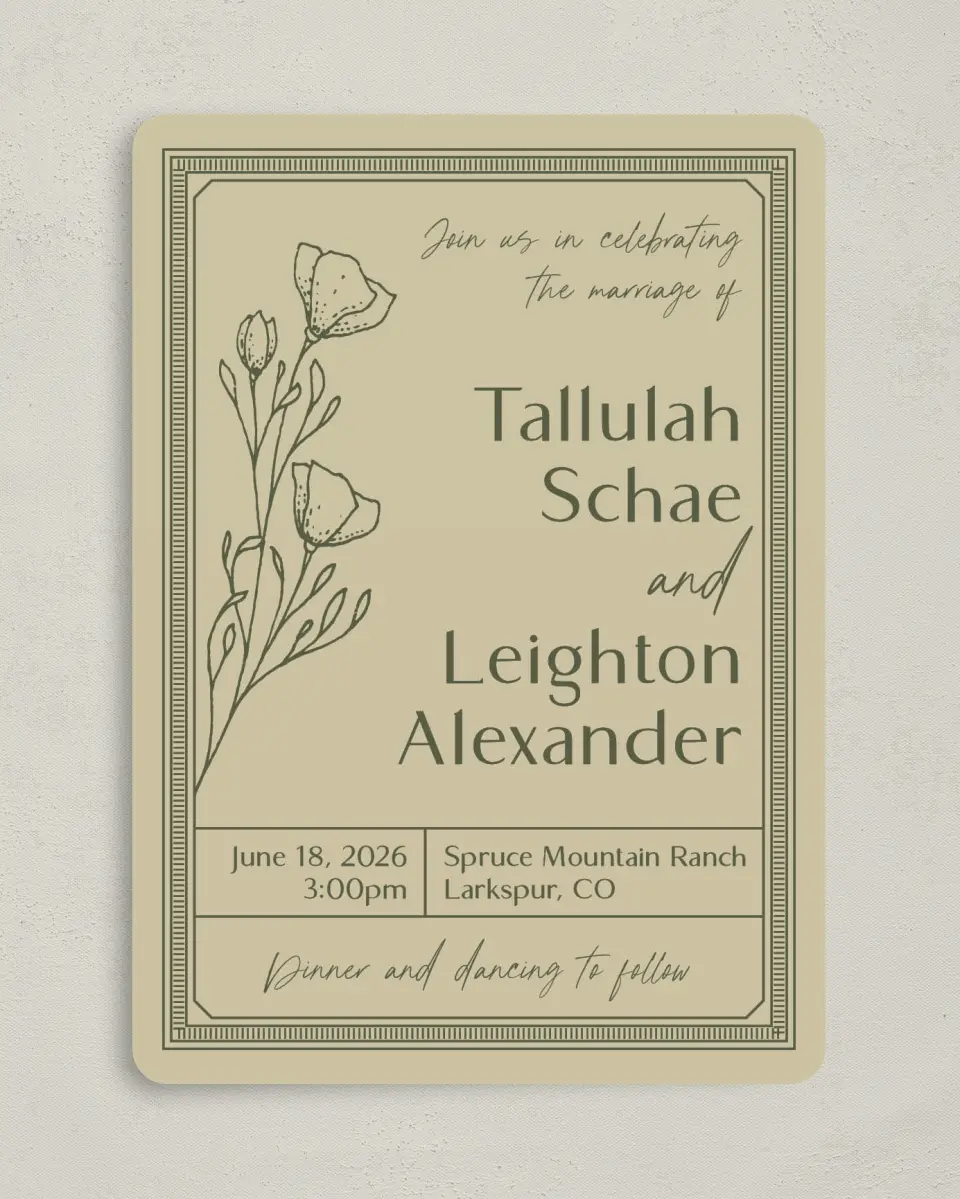 This is a 5" x 7" Rounded Wedding Invitation called Idyllic Love printed in full color on Premium Smooth paper