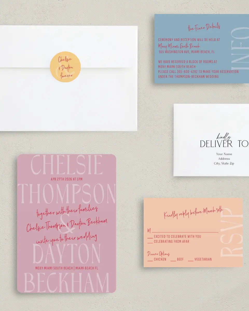 This is a 5" x 7" Rounded Wedding Invitation called Lovey-Dovey printed in full color with Gold foil on Luxe Satin (coated) paper