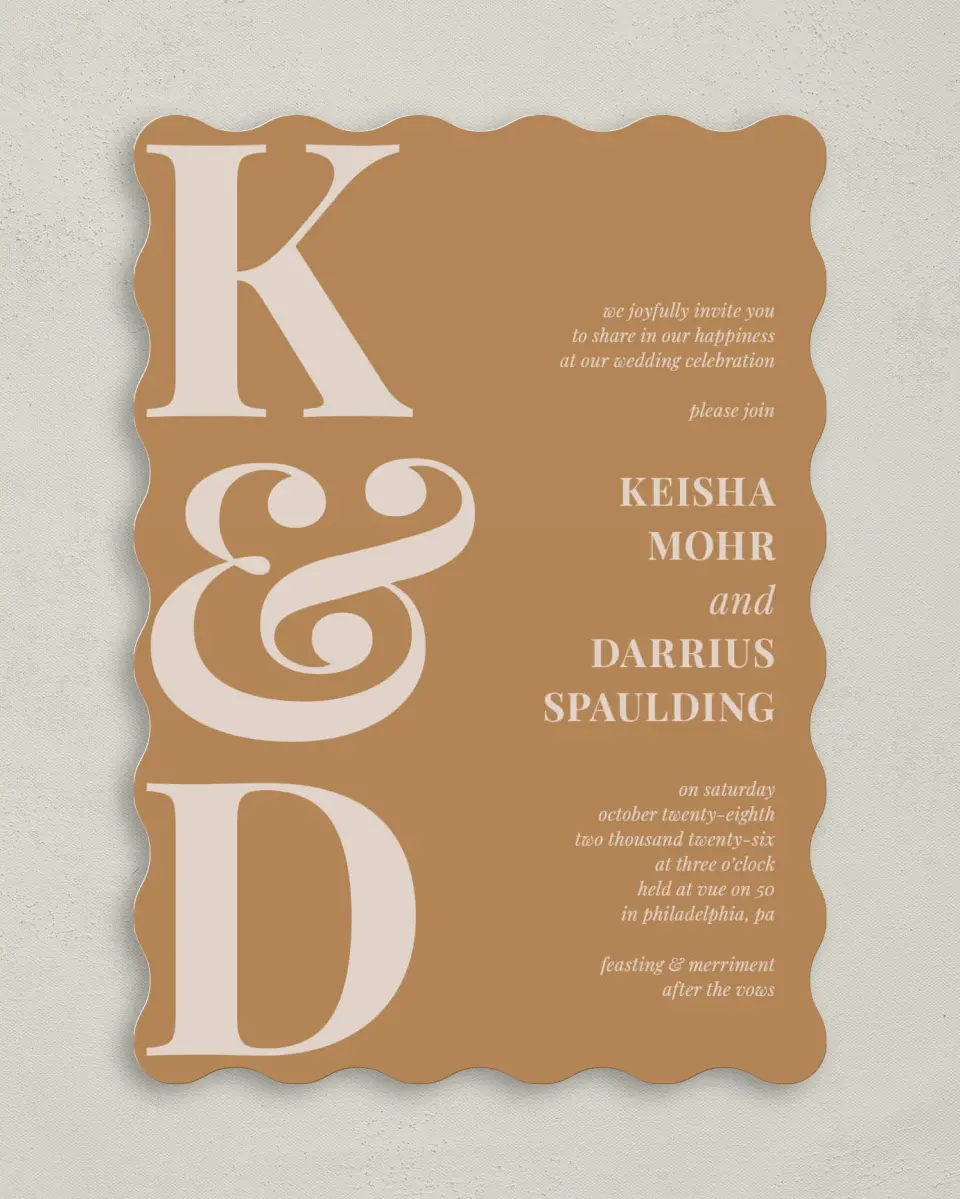 This is a 5" x 7" Wavy Wedding Invitation called Bold Romance printed in full color on Premium Smooth paper