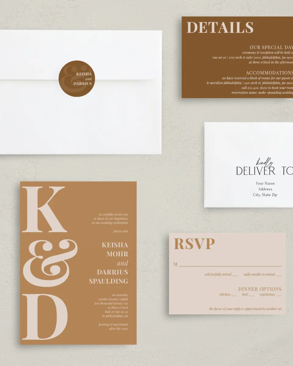 This is a 5" x 7" Classic Wedding Invitation called Bold Romance printed in full color with Silver foil on Luxe Satin (coated) paper