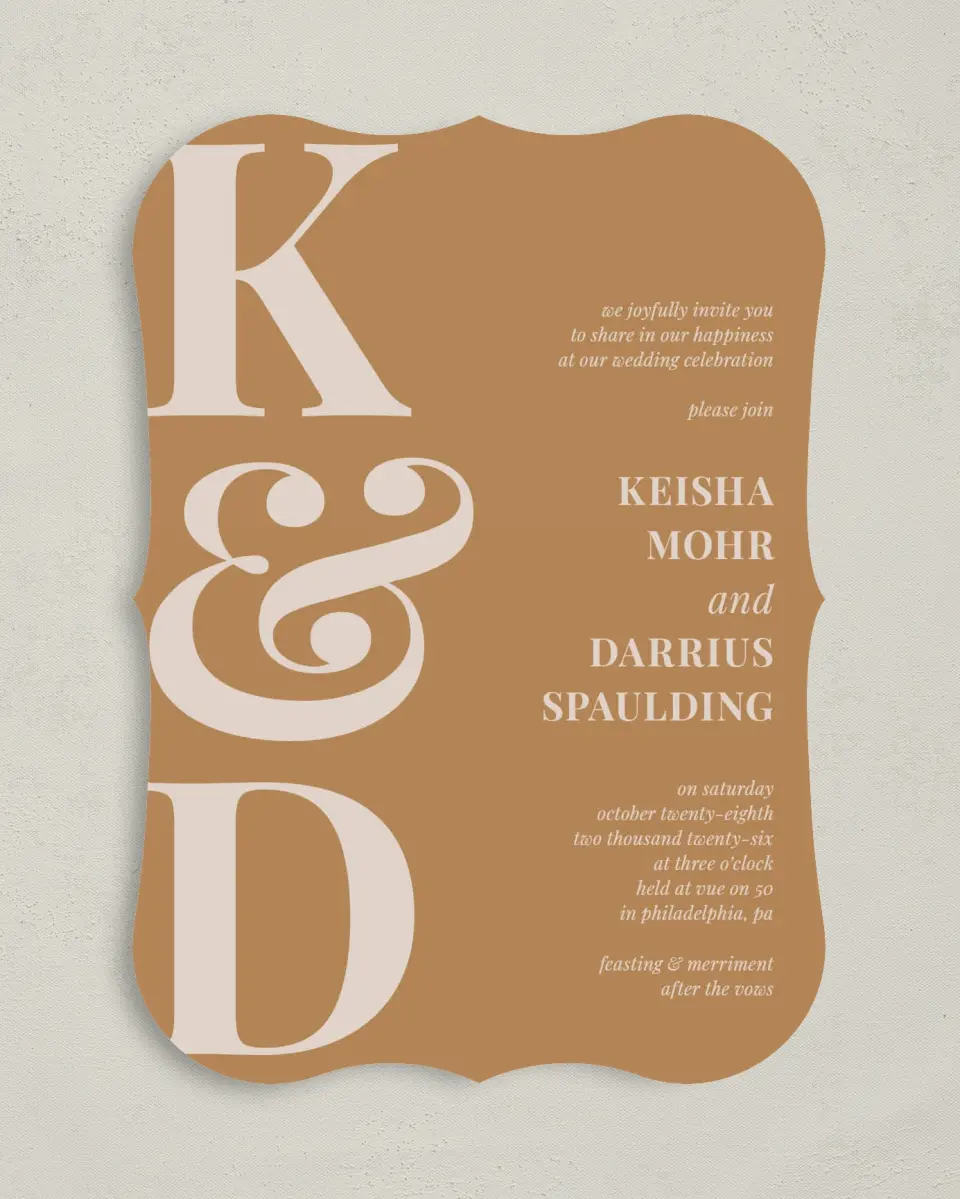 This is a 5" x 7" Bracket Wedding Invitation called Bold Romance printed in full color with Silver foil on Luxe Satin (coated) paper