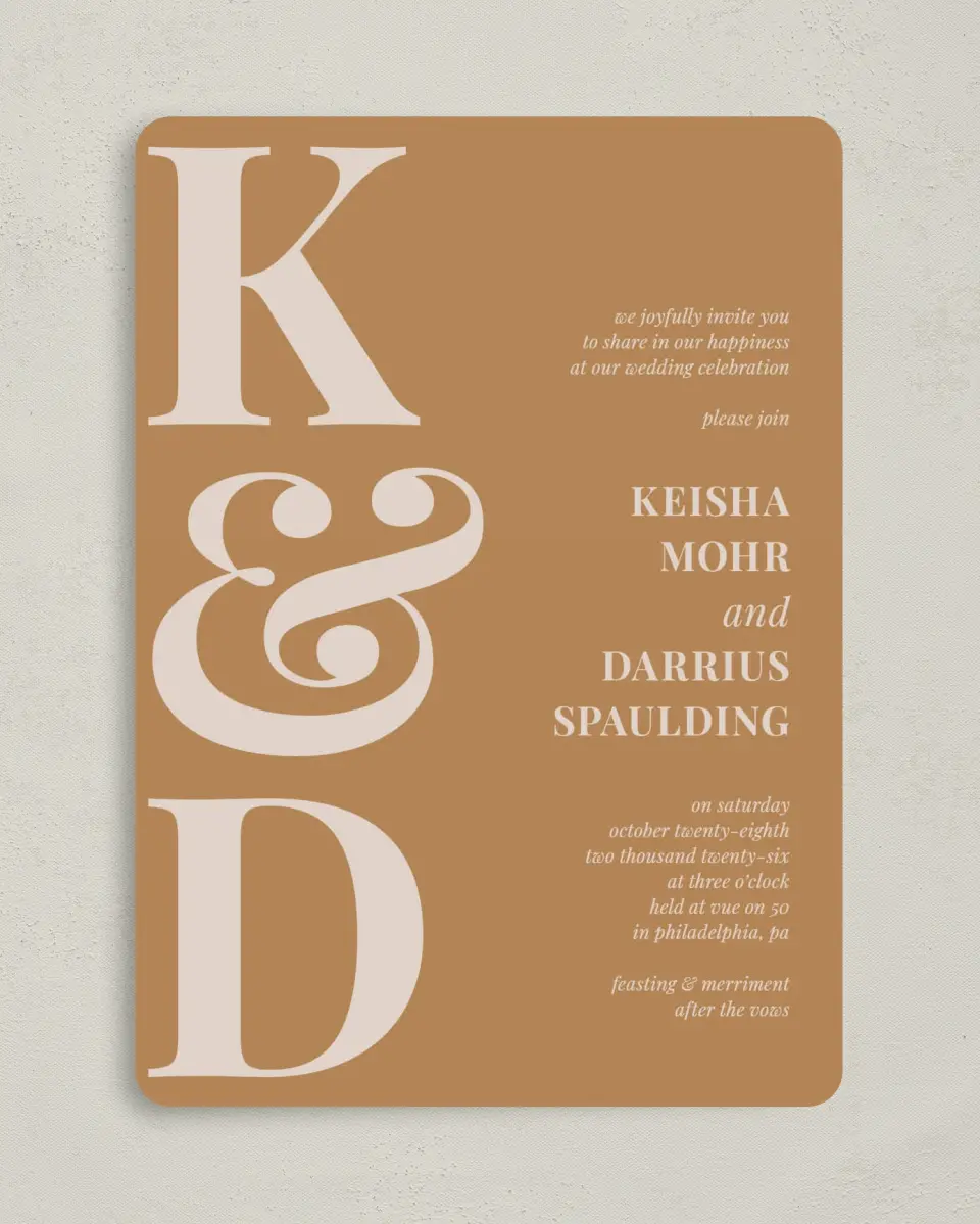 This is a 5" x 7" Rounded Wedding Invitation called Bold Romance printed in full color on Premium Smooth paper