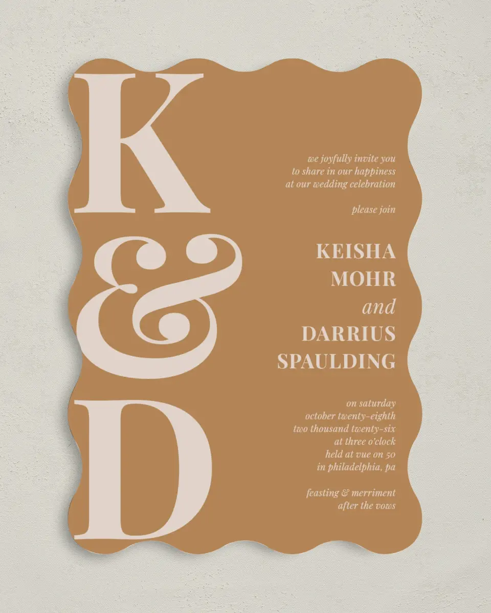 This is a 5" x 7" Wavy Wedding Invitation called Bold Romance printed in full color on Premium Smooth paper
