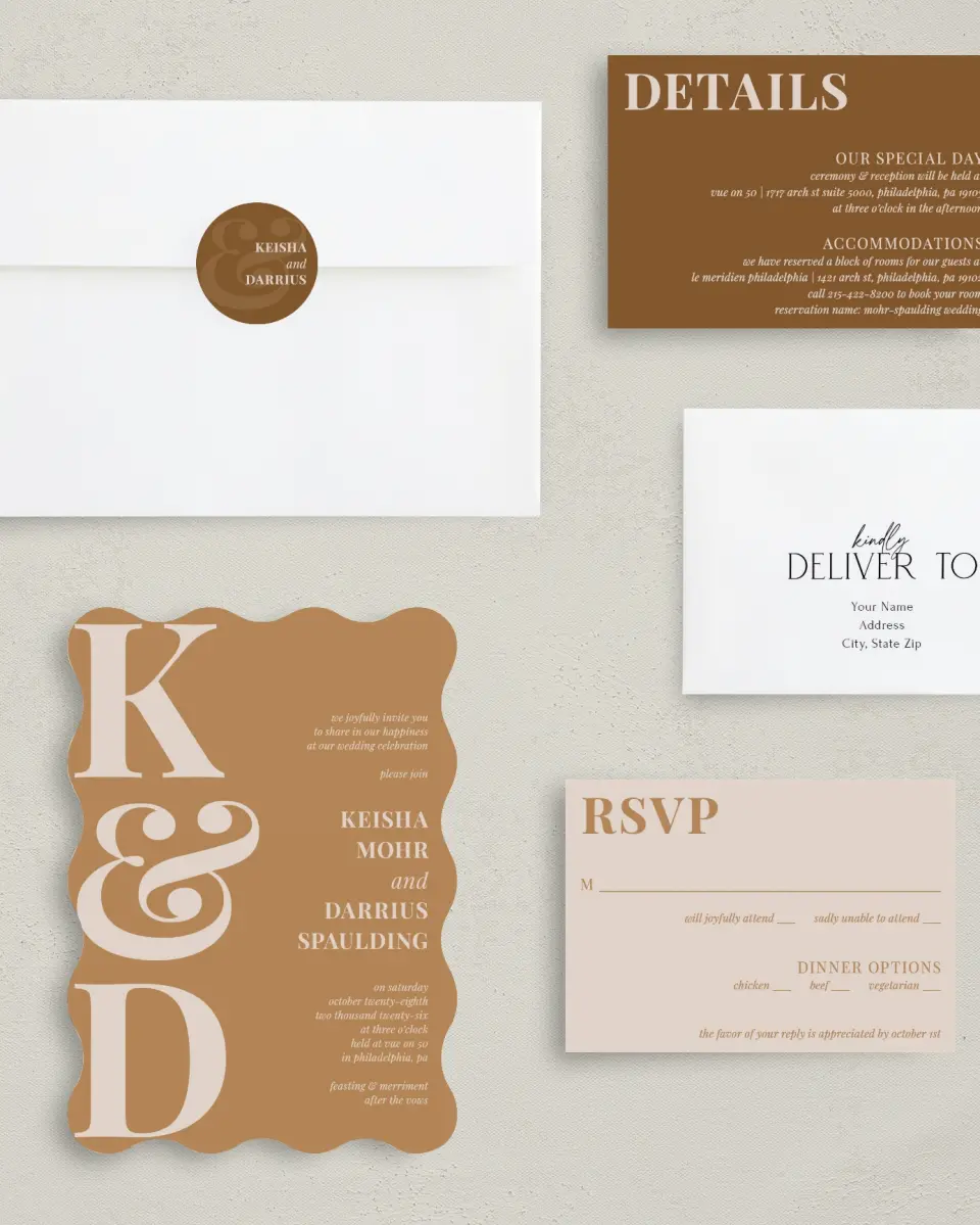 This is a 5" x 7" Wavy Wedding Invitation called Bold Romance printed in full color on Premium Smooth paper
