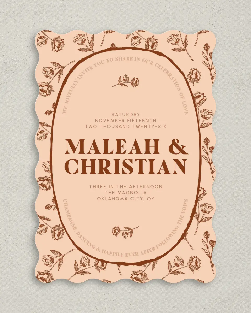 This is a 5" x 7" Wavy Wedding Invitation called Agrestal printed in full color on Premium Smooth paper