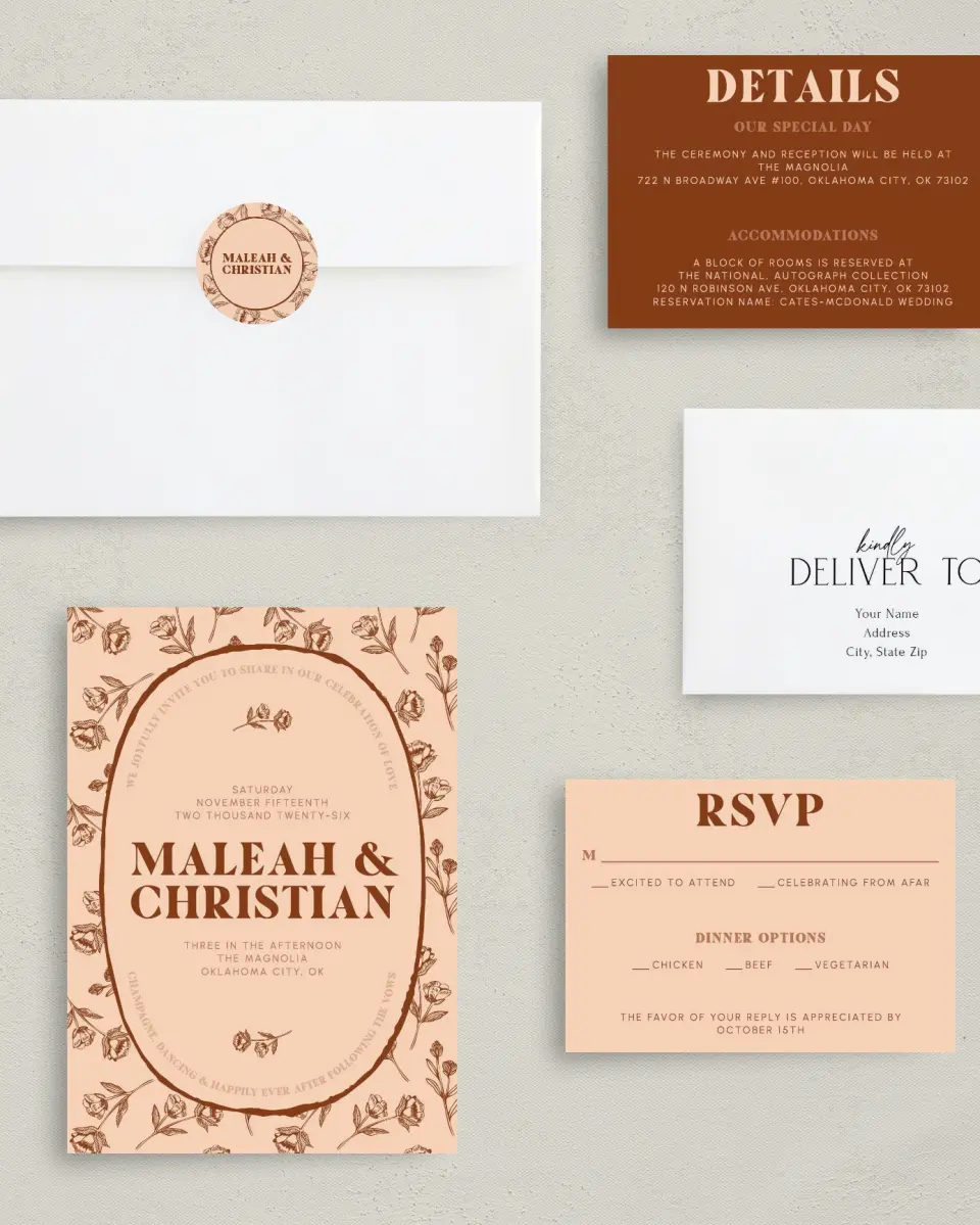 This is a 5" x 7" Classic Wedding Invitation called Agrestal printed in full color with Silver foil on Luxe Satin (coated) paper