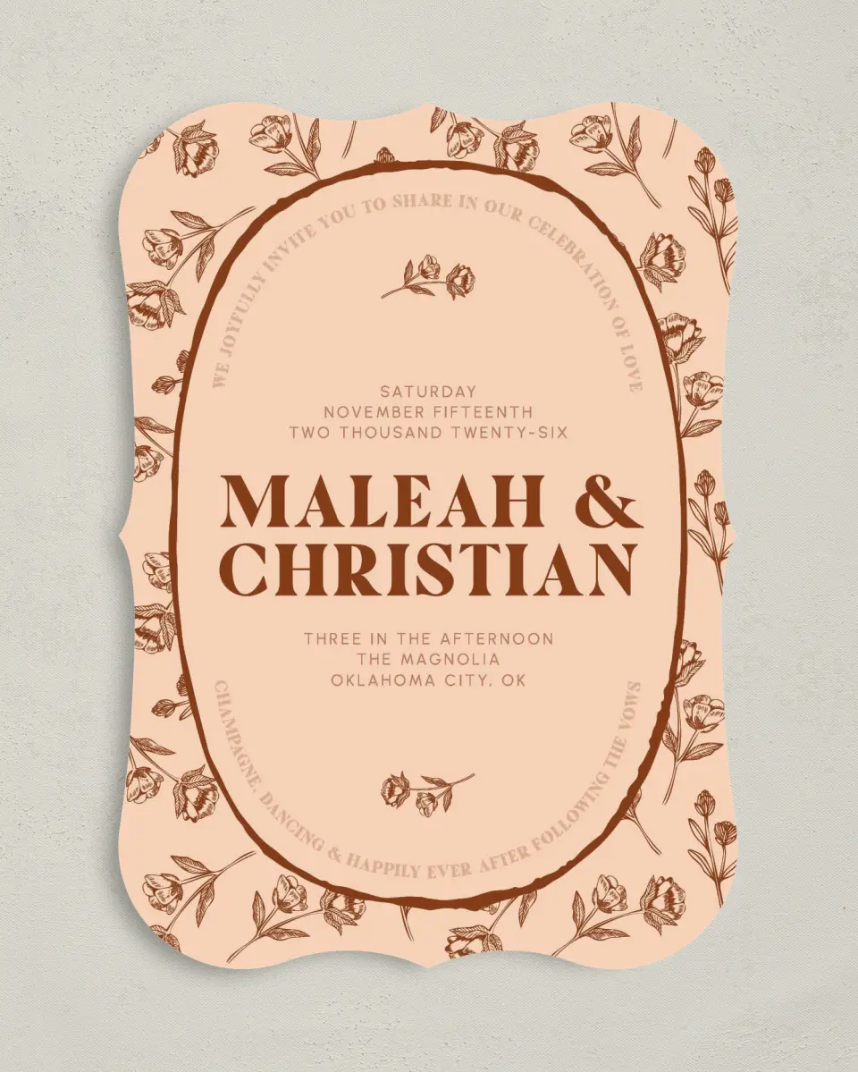 This is a 5" x 7" Bracket Wedding Invitation called Agrestal printed in full color on Premium Smooth paper
