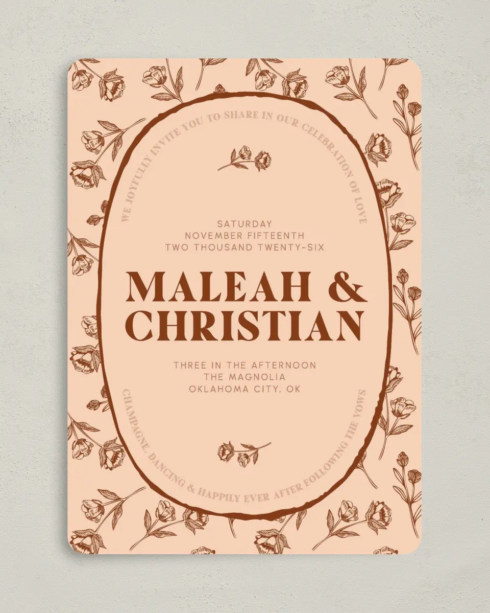 This is a 5" x 7" Rounded Wedding Invitation called Agrestal printed in full color on Premium Smooth paper