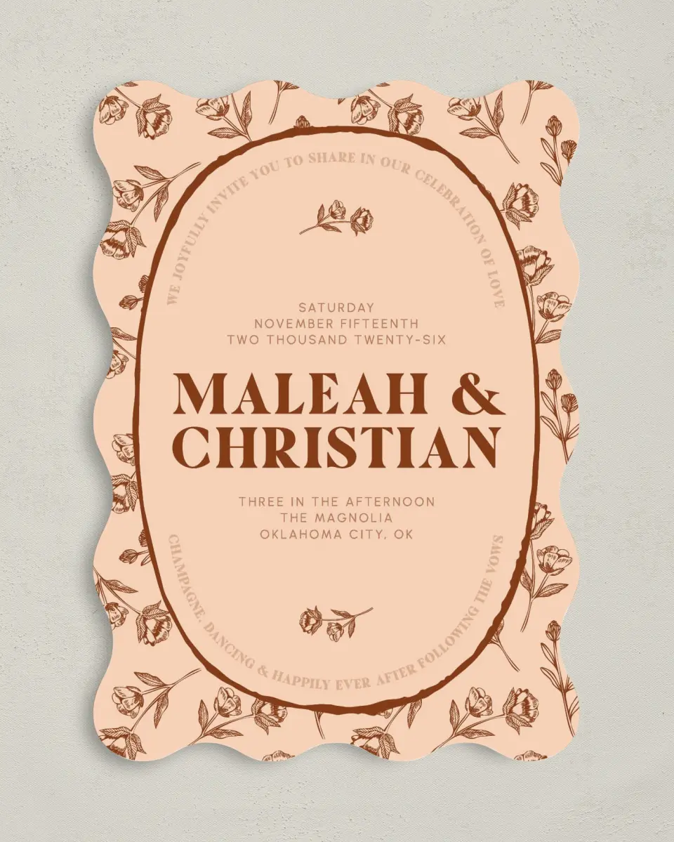 This is a 5" x 7" Wavy Wedding Invitation called Agrestal printed in full color on Premium Smooth paper