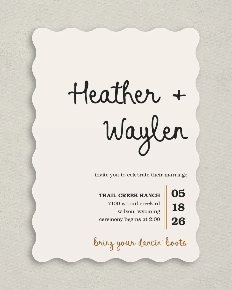This is a 5" x 7" Wavy Wedding Invitation called Head Over Boots printed in full color on Premium Smooth paper