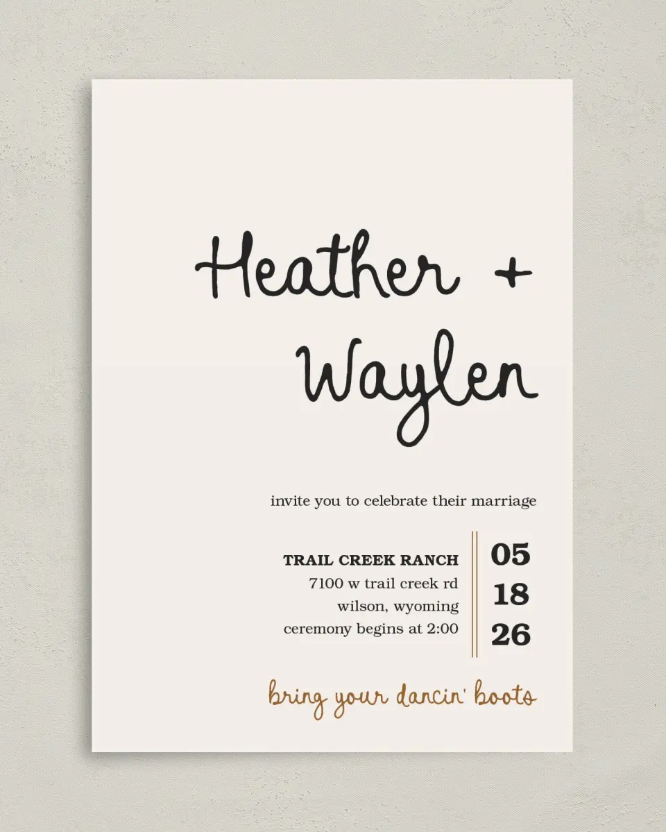 This is a 5" x 7" Classic Wedding Invitation called Head Over Boots printed in full color on Premium Smooth paper