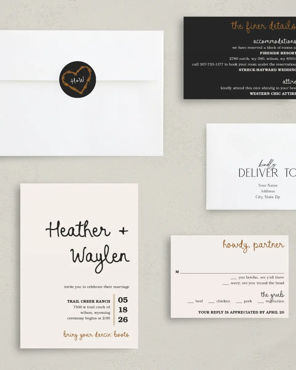 This is a 5" x 7" Classic Wedding Invitation called Head Over Boots printed in full color with Gold foil on Luxe Satin (coated) paper