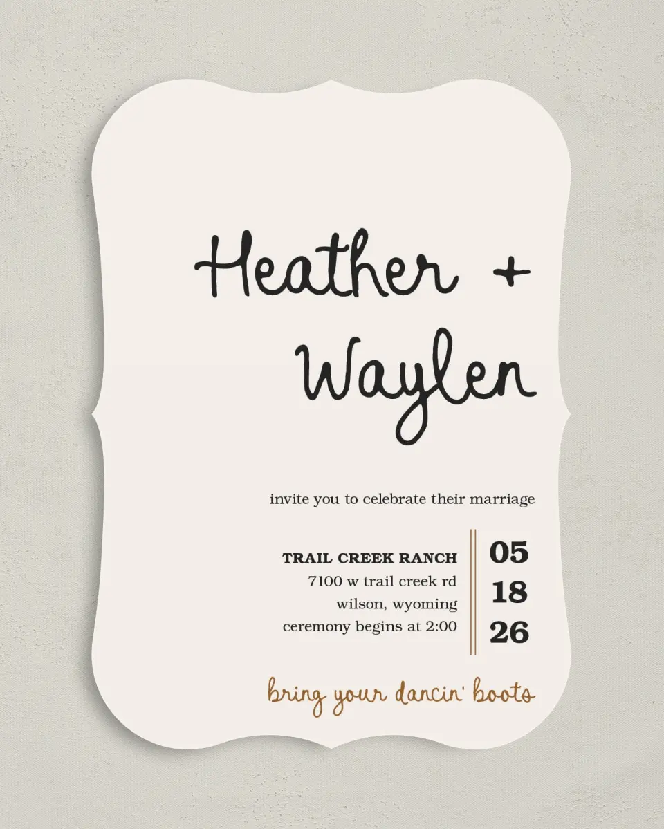 This is a 5" x 7" Bracket Wedding Invitation called Head Over Boots printed in full color on Premium Smooth paper