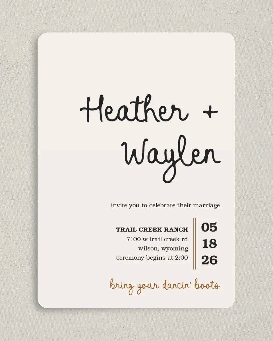 This is a 5" x 7" Rounded Wedding Invitation called Head Over Boots printed in full color on Premium Smooth paper