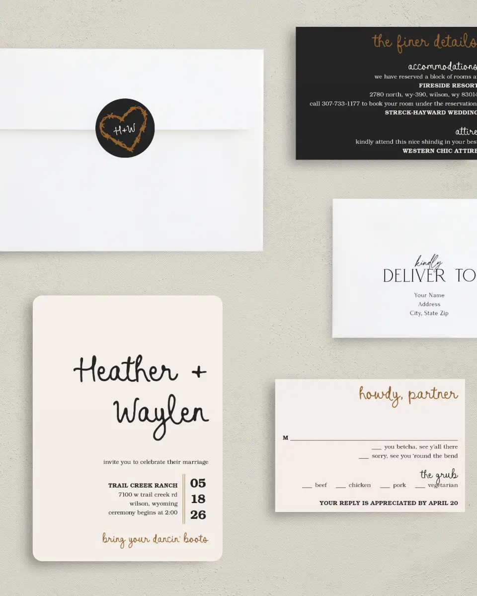 This is a 5" x 7" Rounded Wedding Invitation called Head Over Boots printed in full color with Rose Gold foil on Luxe Satin (coated) paper