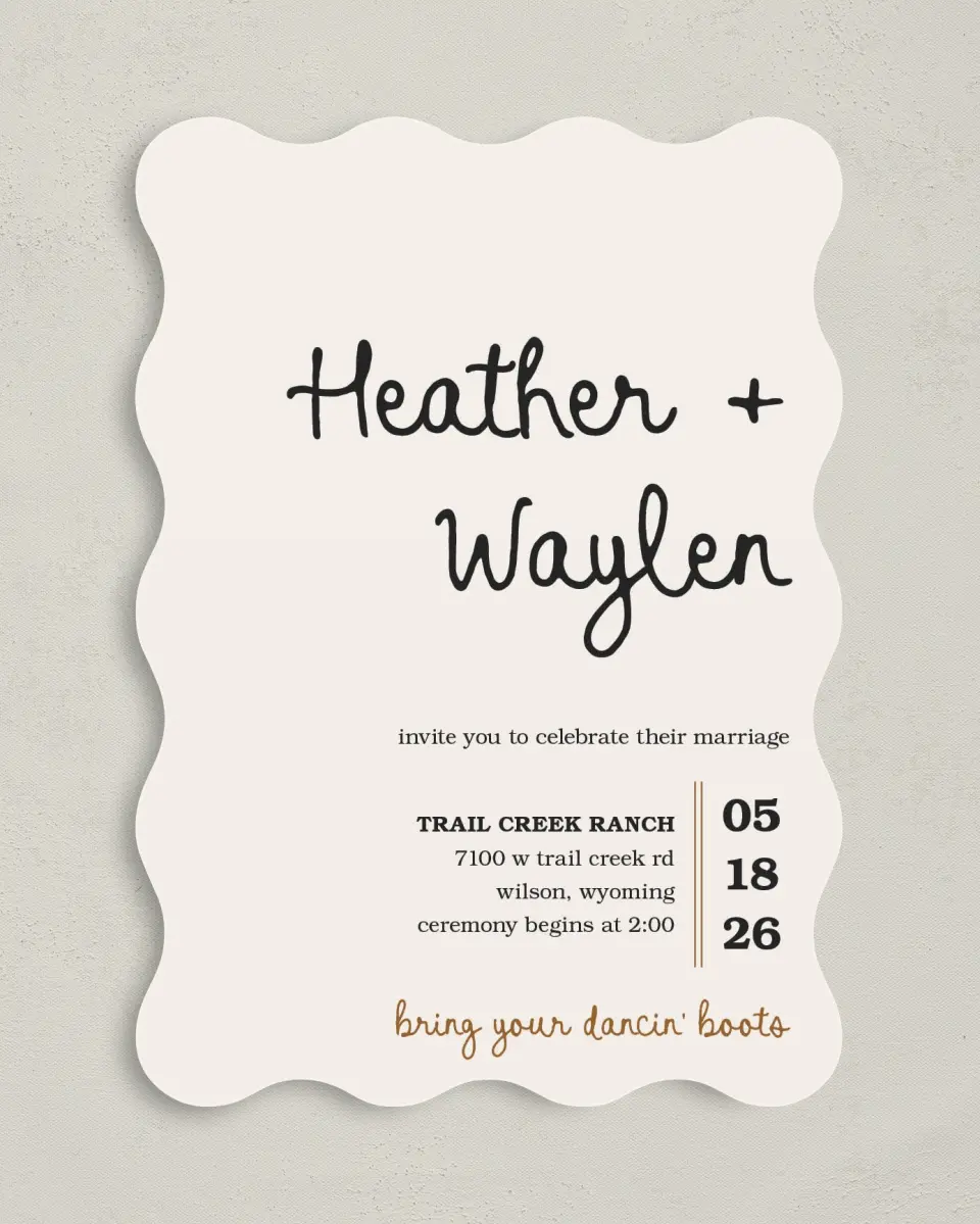 This is a 5" x 7" Wavy Wedding Invitation called Head Over Boots printed in full color on Premium Smooth paper