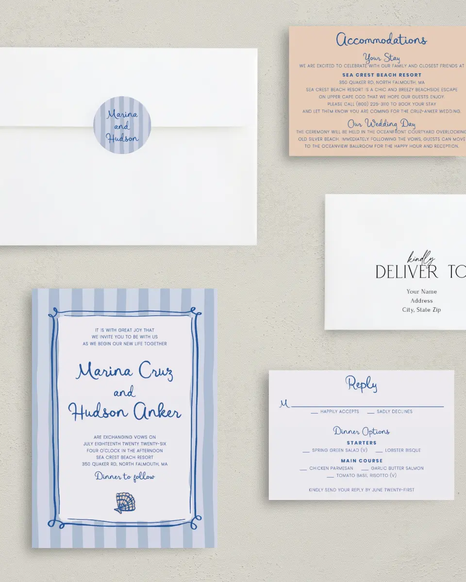 This is a 5" x 7" Classic Wedding Invitation called Abyssal Love printed in full color with Gold foil on Luxe Satin (coated) paper
