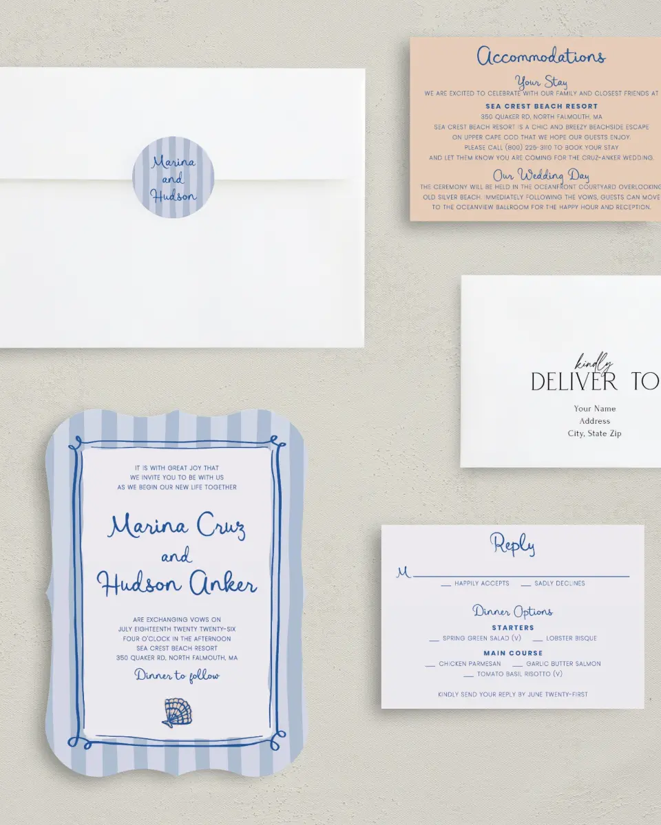 This is a 5" x 7" Bracket Wedding Invitation called Abyssal Love printed in full color with Silver foil on Luxe Satin (coated) paper