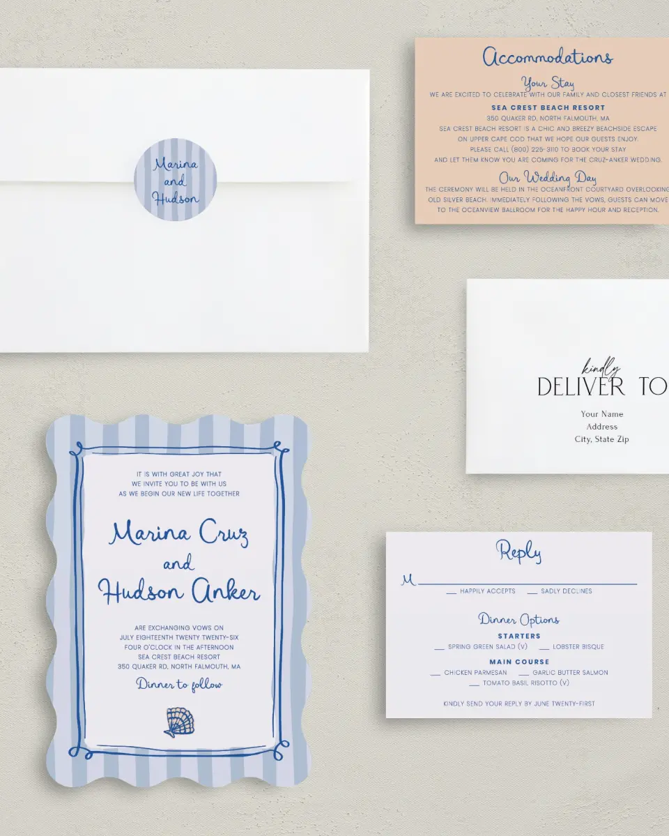 This is a 5" x 7" Wavy Wedding Invitation called Abyssal Love printed in full color with Silver foil on Luxe Satin (coated) paper