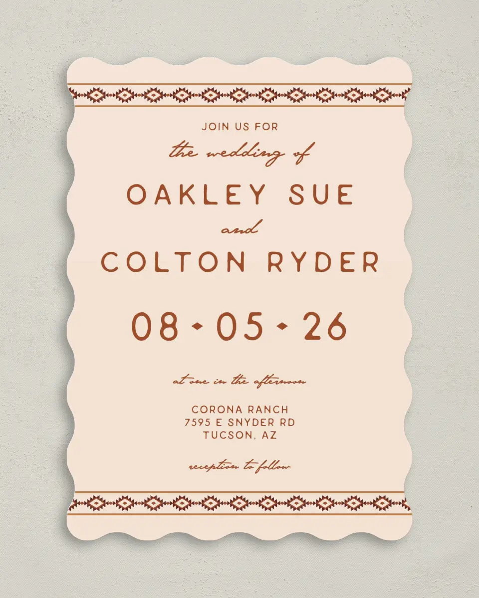 This is a 5" x 7" Wavy Wedding Invitation called Wild at Heart printed in full color on Premium Smooth paper