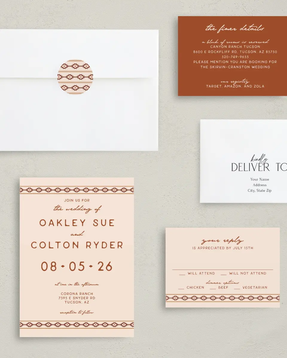 This is a 5" x 7" Classic Wedding Invitation called Wild at Heart printed in full color with Rose Gold foil on Luxe Satin (coated) paper