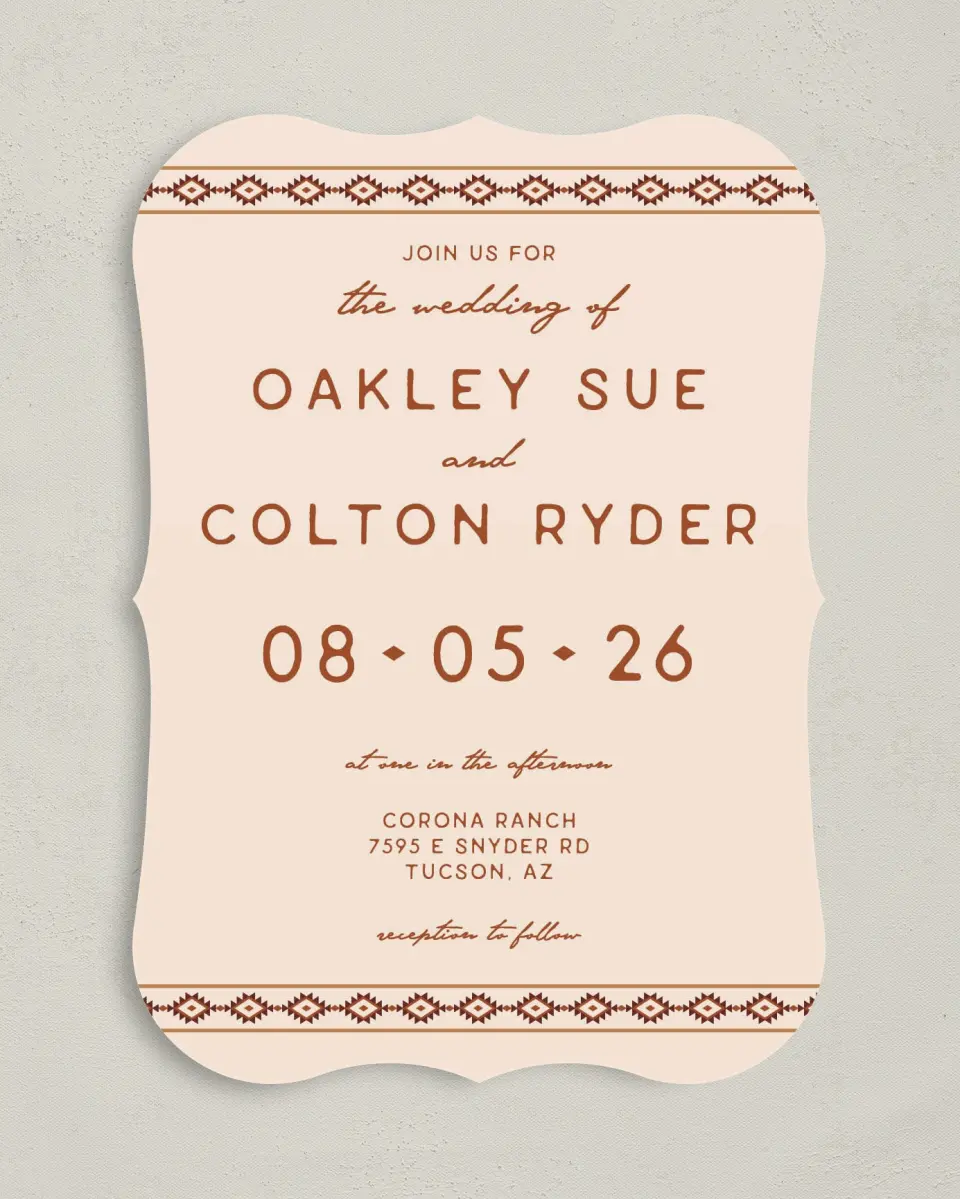 This is a 5" x 7" Bracket Wedding Invitation called Wild at Heart printed in full color on Premium Smooth paper