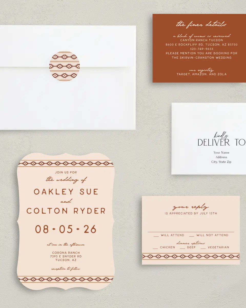 This is a 5" x 7" Bracket Wedding Invitation called Wild at Heart printed in full color with Silver foil on Luxe Satin (coated) paper