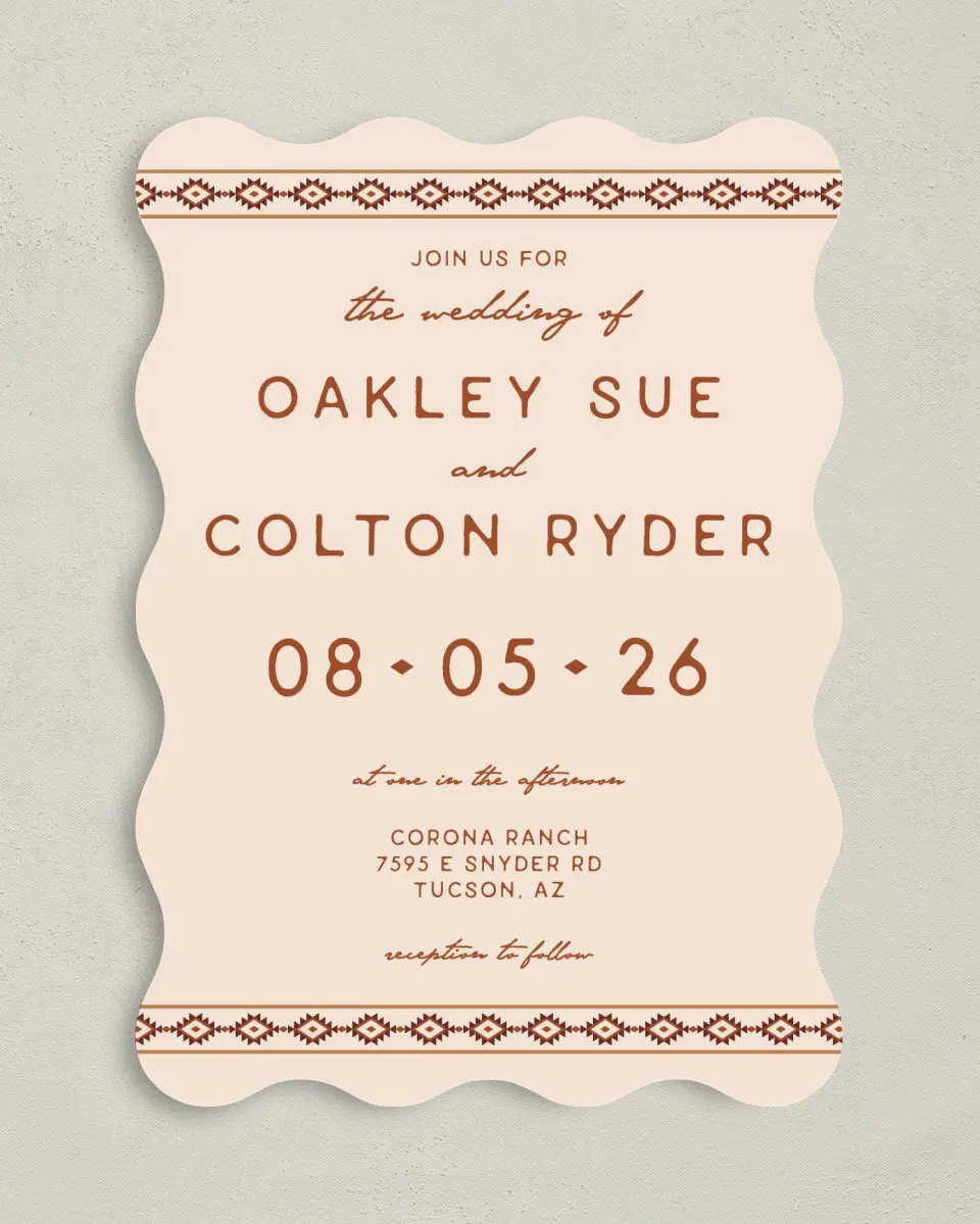 This is a 5" x 7" Wavy Wedding Invitation called Wild at Heart printed in full color on Premium Smooth paper